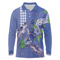 Hawaii Aloha Turtle Hibiscus and Leaves Long Sleeve Polo Shirt with Polynesian and Kakau Tattoos Denim Color LT03 Blue - Polynesian Pride