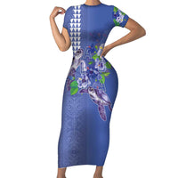 Hawaii Aloha Turtle Hibiscus and Leaves Short Sleeve Bodycon Dress with Polynesian and Kakau Tattoos Denim Color LT03 Long Dress Blue - Polynesian Pride