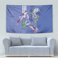 Hawaii Aloha Turtle Hibiscus and Leaves Tapestry with Polynesian and Kakau Tattoos Denim Color - Polynesian Pride