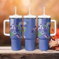 Hawaii Aloha Turtle Hibiscus and Leaves Tumbler With Handle with Polynesian and Kakau Tattoos Denim Color - Polynesian Pride
