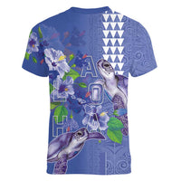 Hawaii Aloha Turtle Hibiscus and Leaves Women V-Neck T-Shirt with Polynesian and Kakau Tattoos Denim Color LT03 - Polynesian Pride