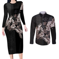 Hawaii Aloha Turtle Hibiscus and Leaves Couples Matching Long Sleeve Bodycon Dress and Long Sleeve Button Shirt with Polynesian and Kakau Tattoos Black Color LT03 Black - Polynesian Pride