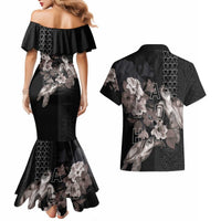 Hawaii Aloha Turtle Hibiscus and Leaves Couples Matching Mermaid Dress and Hawaiian Shirt with Polynesian and Kakau Tattoos Black Color LT03 - Polynesian Pride