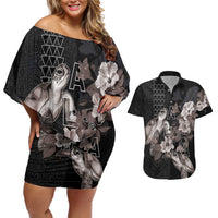 Hawaii Aloha Turtle Hibiscus and Leaves Couples Matching Off Shoulder Short Dress and Hawaiian Shirt with Polynesian and Kakau Tattoos Black Color LT03 Black - Polynesian Pride