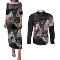 Hawaii Aloha Turtle Hibiscus and Leaves Couples Matching Puletasi and Long Sleeve Button Shirt with Polynesian and Kakau Tattoos Black Color LT03 Black - Polynesian Pride