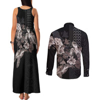 Hawaii Aloha Turtle Hibiscus and Leaves Couples Matching Tank Maxi Dress and Long Sleeve Button Shirt with Polynesian and Kakau Tattoos Black Color LT03 - Polynesian Pride