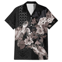 Hawaii Aloha Turtle Hibiscus and Leaves Family Matching Off The Shoulder Long Sleeve Dress and Hawaiian Shirt with Polynesian and Kakau Tattoos Black Color LT03 Dad's Shirt - Short Sleeve Black - Polynesian Pride