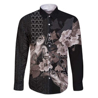 Hawaii Aloha Turtle Hibiscus and Leaves Family Matching Summer Maxi Dress and Hawaiian Shirt with Polynesian and Kakau Tattoos Black Color LT03 Dad's Shirt - Long Sleeve Black - Polynesian Pride