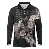 Hawaii Aloha Turtle Hibiscus and Leaves Long Sleeve Polo Shirt with Polynesian and Kakau Tattoos Black Color LT03 Black - Polynesian Pride