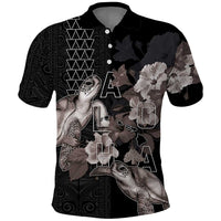 Hawaii Aloha Turtle Hibiscus and Leaves Polo Shirt with Polynesian and Kakau Tattoos Black Color - Polynesian Pride