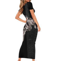 Hawaii Aloha Turtle Hibiscus and Leaves Short Sleeve Bodycon Dress with Polynesian and Kakau Tattoos Black Color LT03 - Polynesian Pride