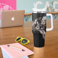Hawaii Aloha Turtle Hibiscus and Leaves Tumbler With Handle with Polynesian and Kakau Tattoos Black Color - Polynesian Pride