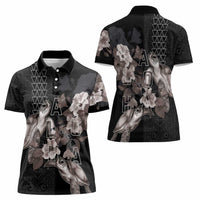 Hawaii Aloha Turtle Hibiscus and Leaves Women Polo Shirt with Polynesian and Kakau Tattoos Black Color LT03 - Polynesian Pride