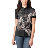 Hawaii Aloha Turtle Hibiscus and Leaves Women Polo Shirt with Polynesian and Kakau Tattoos Black Color LT03 - Polynesian Pride