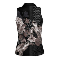 Hawaii Aloha Turtle Hibiscus and Leaves Women Sleeveless Polo Shirt with Polynesian and Kakau Tattoos Black Color LT03 - Polynesian Pride