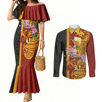 Papua New Guinea Independence Day Couples Matching Mermaid Dress and Long Sleeve Button Shirt Birds-of-Paradise Melanesian Tattoos Tropical Plants LT03 Multicolor - Polynesian Pride