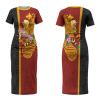 Papua New Guinea Independence Day Couples Matching Short Sleeve Bodycon Dress and Hawaiian Shirt Birds-of-Paradise Melanesian Tattoos Tropical Plants LT03 - Polynesian Pride