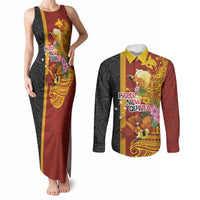 Papua New Guinea Independence Day Couples Matching Tank Maxi Dress and Long Sleeve Button Shirt Birds-of-Paradise Melanesian Tattoos Tropical Plants LT03 Multicolor - Polynesian Pride