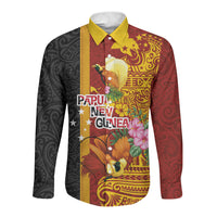 Papua New Guinea Independence Day Long Sleeve Button Shirt Birds-of-Paradise Melanesian Tattoos Tropical Plants LT03 Unisex Multicolor - Polynesian Pride