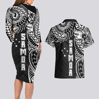 Samoa 685 Art Traditional Tattoo Pattern Couples Matching Long Sleeve Bodycon Dress and Hawaiian Shirt Black Color