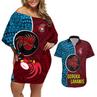 Bintangor Goroka Lahanis Rugby Couples Matching Off Shoulder Short Dress and Hawaiian Shirt Papua New Guinea Polynesian Tattoo LT03 Red - Polynesian Pride