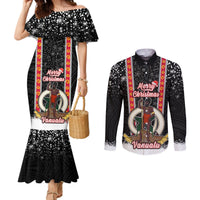 Vanuatu Christmas Couples Matching Mermaid Dress and Long Sleeve Button Shirts Polynesian Tribal Snow Style LT03 Black - Polynesian Pride