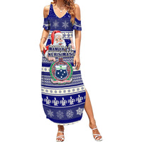 Samoa Christmas Family Matching Summer Maxi Dress and Hawaiian Shirt The Santa Coat of Arms with Samoa Bracelet Pattern LT03 Mom's Dress Blue - Polynesian Pride