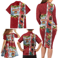 New Zealand Merry Christmas Family Matching Long Sleeve Bodycon Dress and Hawaiian Shirt Maori Animals, Koru Tattoo - Red Xmas Style LT03 - Polynesian Pride