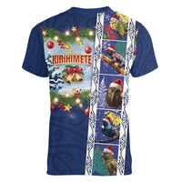 New Zealand Merry Christmas Women V-Neck T-Shirt Maori Animals, Koru Tattoo - Blue Xmas Style