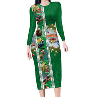 New Zealand Merry Christmas Family Matching Long Sleeve Bodycon Dress and Hawaiian Shirt Maori Animals, Koru Tattoo - Green Xmas Style LT03 Mom's Dress Green - Polynesian Pride