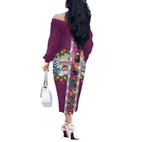 New Zealand Merry Christmas Off The Shoulder Long Sleeve Dress Maori Animals, Koru Tattoo - Pink Xmas Style LT03 - Polynesian Pride