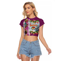 New Zealand Merry Christmas Raglan Cropped T Shirt Maori Animals, Koru Tattoo - Pink Xmas Style LT03 Female Pink - Polynesian Pride