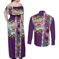 New Zealand Merry Christmas Couples Matching Off Shoulder Maxi Dress and Long Sleeve Button Shirt Maori Animals, Koru Tattoo - Purple Xmas Style LT03 - Polynesian Pride
