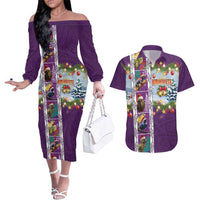 New Zealand Merry Christmas Couples Matching Off The Shoulder Long Sleeve Dress and Hawaiian Shirt Maori Animals, Koru Tattoo - Purple Xmas Style LT03 Purple - Polynesian Pride