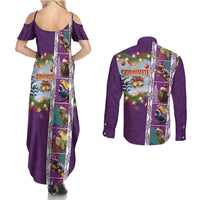 New Zealand Merry Christmas Couples Matching Summer Maxi Dress and Long Sleeve Button Shirt Maori Animals, Koru Tattoo - Purple Xmas Style LT03 - Polynesian Pride