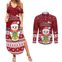 Tuvalu Christmas Couples Matching Summer Maxi Dress and Long Sleeve Button Shirt Snowman and Tuvalu Coat of Arms Maori Tribal Xmas Style LT03 Red - Polynesian Pride
