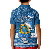 Tuvalu Christmas Kid Polo Shirt Snowman Hugs Tuvalu Coat of Arms Maori Pattern Blue Style LT03 - Polynesian Pride