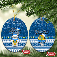 Personalised Tuvalu Christmas Ceramic Ornament Snowman Hugs Tuvalu Coat of Arms Maori Pattern Blue Style LT03 Oval Blue - Polynesian Pride