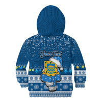 Personalised Tuvalu Christmas Kid Hoodie Snowman Hugs Tuvalu Coat of Arms Maori Pattern Blue Style LT03 - Polynesian Pride