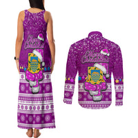 Tuvalu Christmas Couples Matching Tank Maxi Dress and Long Sleeve Button Shirt Snowman Hugs Tuvalu Coat of Arms Maori Pattern Pink Style LT03 - Polynesian Pride