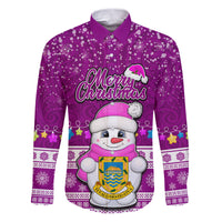 Personalised Tuvalu Christmas Family Matching Puletasi Dress and Hawaiian Shirt Snowman Hugs Tuvalu Coat of Arms Maori Pattern Pink Style LT03 Dad's Shirt - Long Sleeve Pink - Polynesian Pride