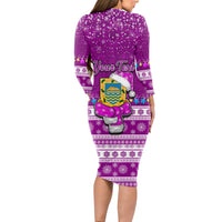 Personalised Tuvalu Christmas Long Sleeve Bodycon Dress Snowman Hugs Tuvalu Coat of Arms Maori Pattern Pink Style LT03 - Polynesian Pride