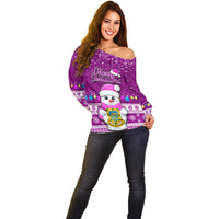 Personalised Tuvalu Christmas Off Shoulder Sweater Snowman Hugs Tuvalu Coat of Arms Maori Pattern Pink Style LT03 - Polynesian Pride