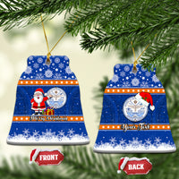 Personalised Marshall Islands Christmas Ceramic Ornament Santa Claus and Coat of Arms Mix Polynesian Xmas Style LT03 Bell Flake Blue - Polynesian Pride