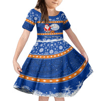 Personalised Marshall Islands Christmas Family Matching Short Sleeve Bodycon Dress and Hawaiian Shirt Santa Claus and Coat of Arms Mix Polynesian Xmas Style LT03 Daughter's Dress Blue - Polynesian Pride