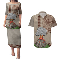 Aloha Volcano Custom Couples Matching Puletasi Dress and Hawaiian Shirt Mix Hawaiian Kakau Tribal LT03 Beige - Polynesian Pride