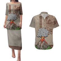 Aloha Volcano Custom Couples Matching Puletasi Dress and Hawaiian Shirt Mix Hawaiian Kakau Tribal LT03 Beige - Polynesian Pride