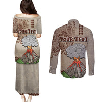 Aloha Volcano Custom Couples Matching Puletasi Dress and Long Sleeve Button Shirt Mix Hawaiian Kakau Tribal LT03 - Polynesian Pride