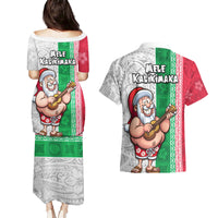 Hawaii Mele Kalikimaka Couples Matching Puletasi Dress and Hawaiian Shirt Santa Playing Ukele Mix Kakau Pattern Xmas Style LT03 - Polynesian Pride