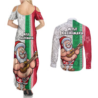 Hawaii Mele Kalikimaka Couples Matching Summer Maxi Dress and Long Sleeve Button Shirt Santa Playing Ukele Mix Kakau Pattern Xmas Style LT03 - Polynesian Pride